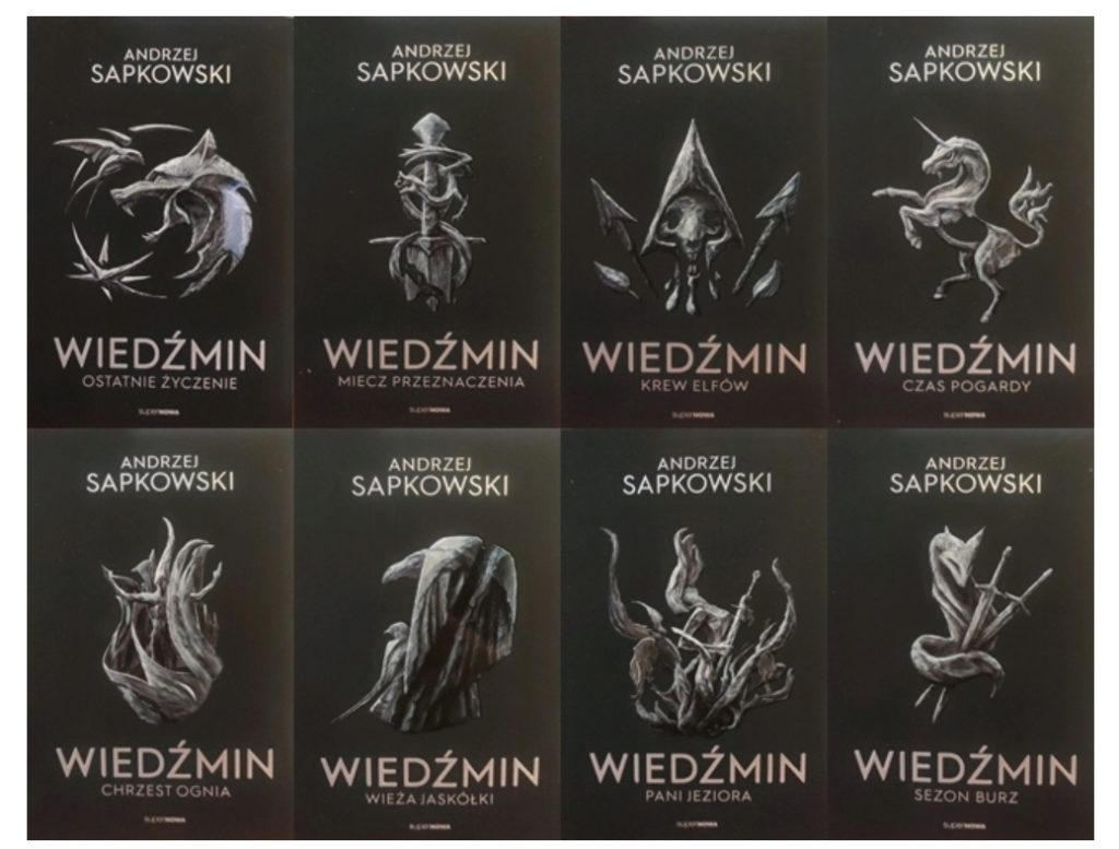 Le copertine dei libri di Wiedźmin, il nome polacco di The Witcher.