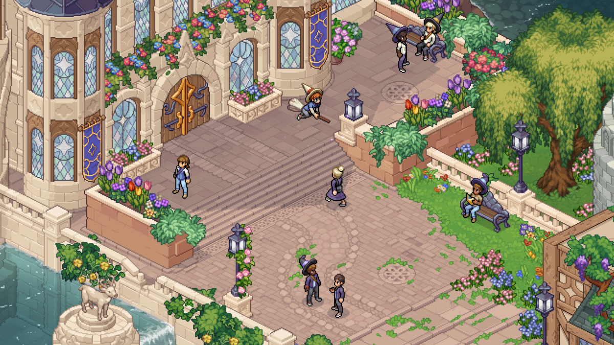 Witchbrook, la biblioteca del Witchbrook College in pixel art isometrica