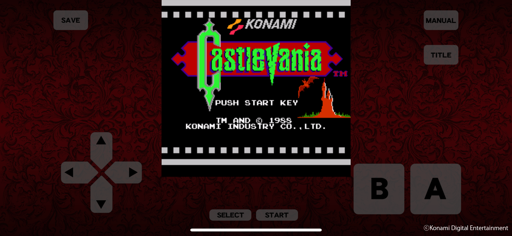Schermata del titolo di Castlevania nella versione per smartphone con controller virtuale