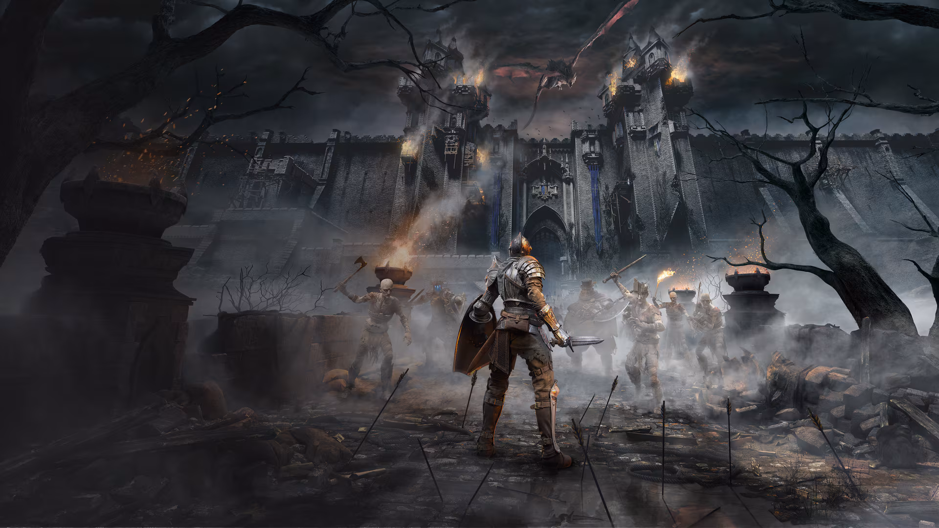 Demon's Souls, un cavaliere davanti al castello di Boletaria assediato da non morti e da un drago rosso