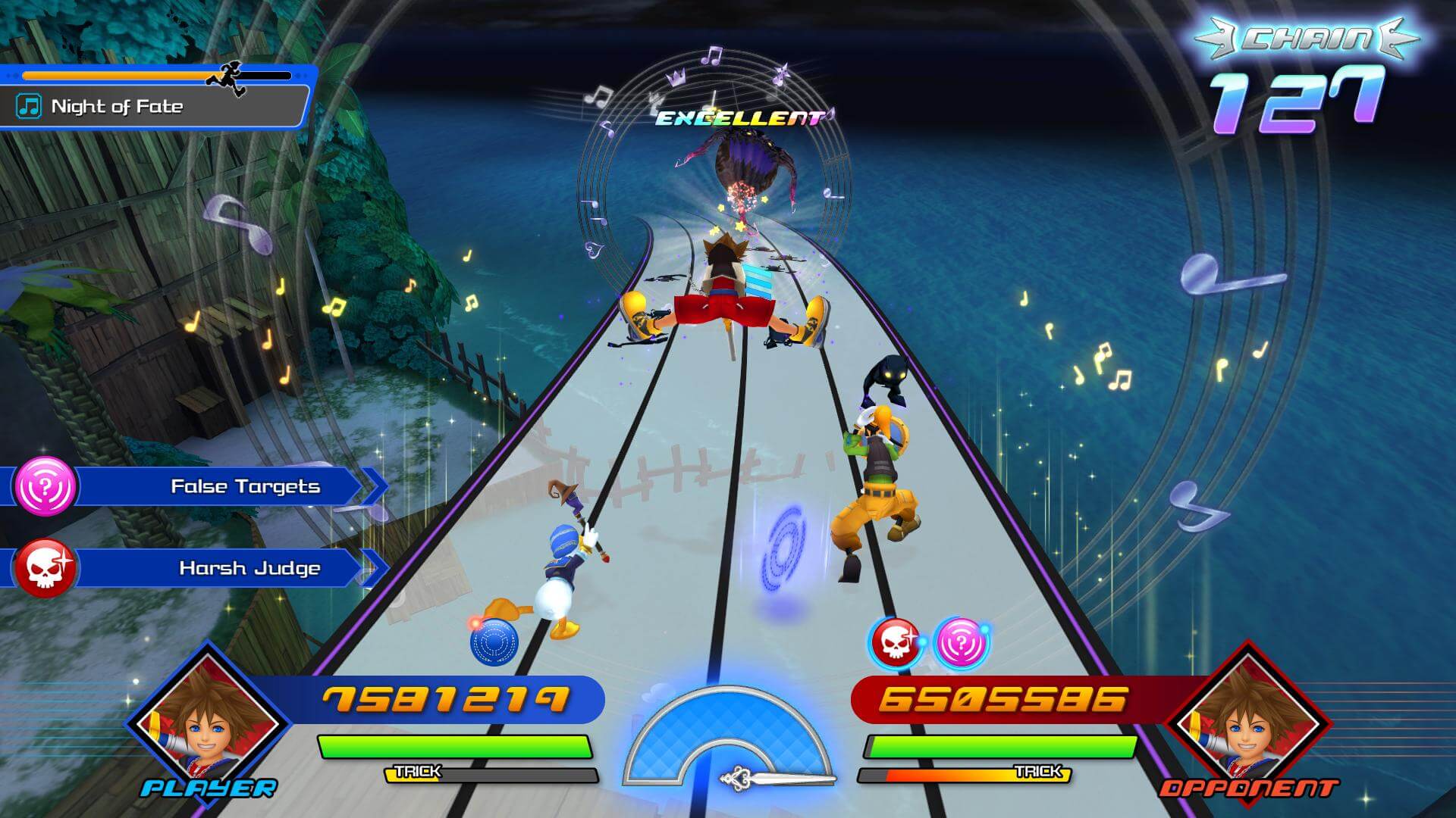 Kingdom Hearts Melody of Memory, una sequenza di gioco ritmica con Sora, Donald e Pippo