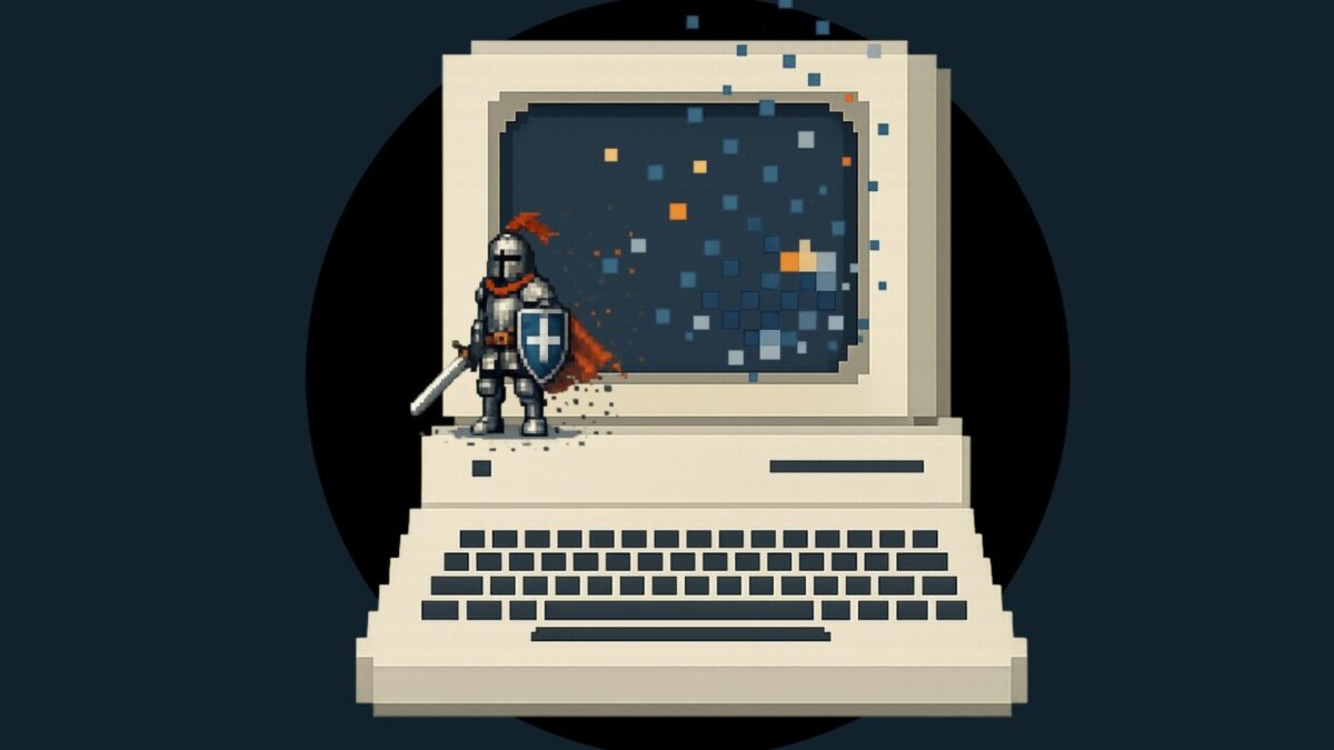 Letteratura in pixel di Susanna Celotti: un cavaliere in pixel art accanto a un computer retrò