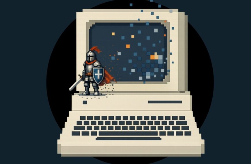 Letteratura in pixel di Susanna Celotti: un cavaliere in pixel art accanto a un computer retrò